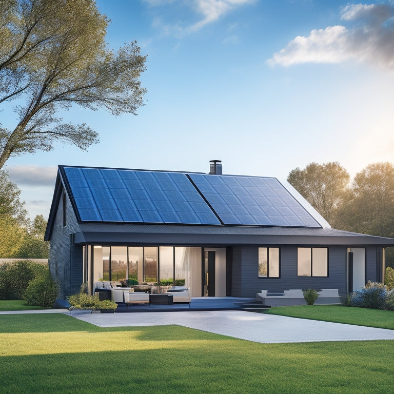 A serene suburban home with a sloping roof, adorned with a seamless array of sleek, black solar panels, set against a bright blue sky with a few wispy clouds.