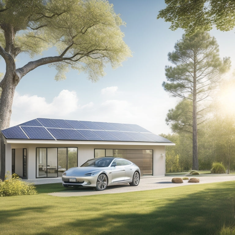 A serene landscape with a sleek, silver electric vehicle parked in front of a modern, sustainable home with solar panels on its roof, surrounded by lush greenery and a bright blue sky.