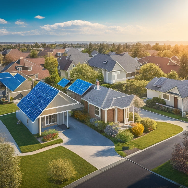 An illustration of a modern suburban neighborhood with various residential homes, each featuring a different type of solar panel system installed on the roof, varying in size, shape, and angle.