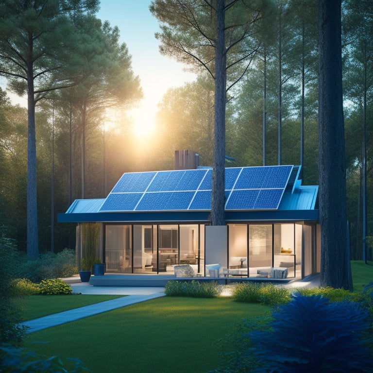 A serene, modern solar-powered home surrounded by lush greenery, with sleek, silver solar panels on the roof, and a subtle, glowing blue hue emanating from the windows, symbolizing energy efficiency.