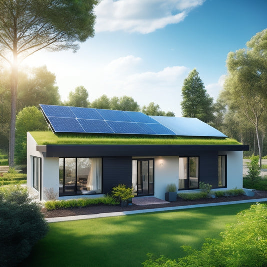 An illustration of a modern, eco-friendly house with sleek, black solar panels on the rooftop, surrounded by lush green trees and a bright blue sky with a few white, puffy clouds.