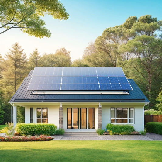 A serene suburban home with a sleek, modern rooftop solar panel array, surrounded by lush greenery, with 10 distinct solar battery systems displayed on a minimalist white background.