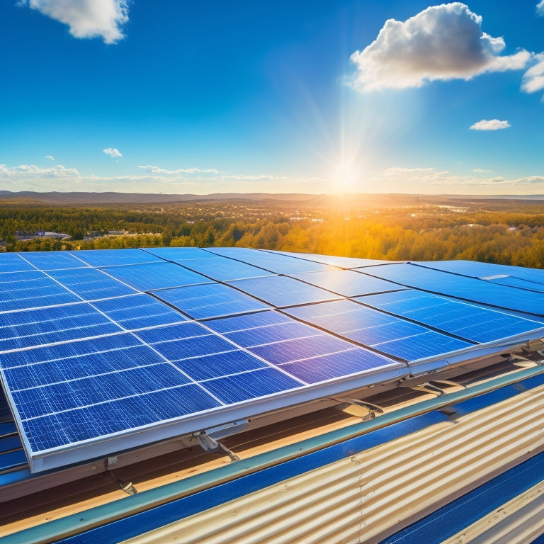 A photorealistic image of a rooftop solar panel installation with various components highlighted, including aluminum rails, clamps, and bolts, set against a clear blue sky with fluffy white clouds.