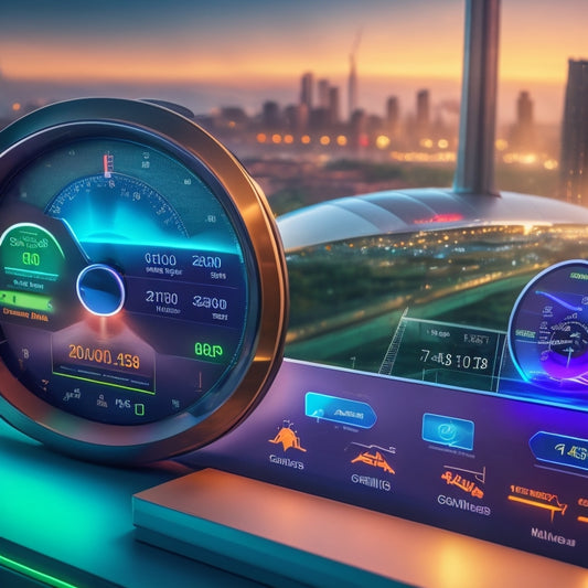 A futuristic dashboard with circular gauges, colorful charts, and real-time graphs displaying various energy metrics, surrounded by miniature icons of buildings, factories, and offices in the background.