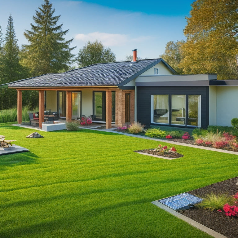 A serene backyard with a modern single-story house, solar panels installed on the roof, and a few panels lying on the grass, surrounded by measuring tapes, calculators, and a clipboard.