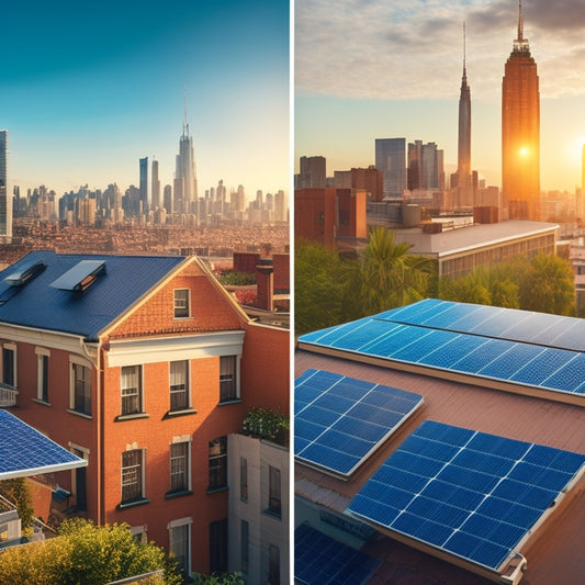 A split-screen illustration featuring a residential rooftop with installed solar panels on one side, and a cityscape with a mix of old and new buildings on the other, with subtle hints of sunlight and eco-friendly elements.