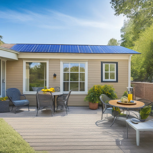 A sunny backyard with a small, modern house, solar panels installed on the roof, and a laptop on a patio table, with a shopping cart and a globe in the background.