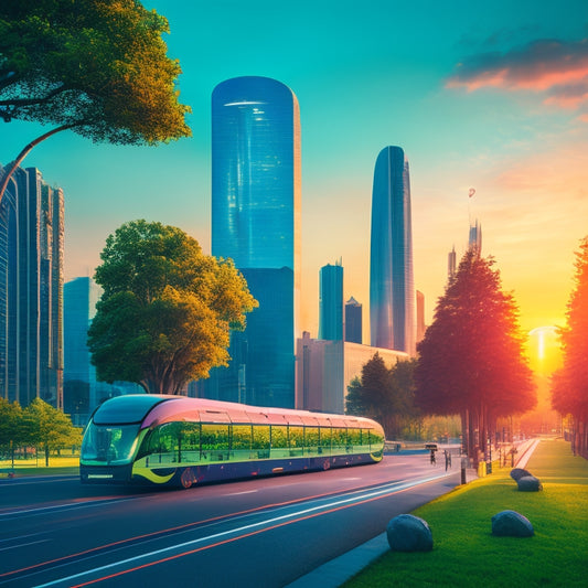 A futuristic cityscape at dusk with sleek, electric buses and hyperloops zipping by, amidst verdant green spaces, pedestrian-friendly streets, and towering skyscrapers with wind turbines and solar panels.