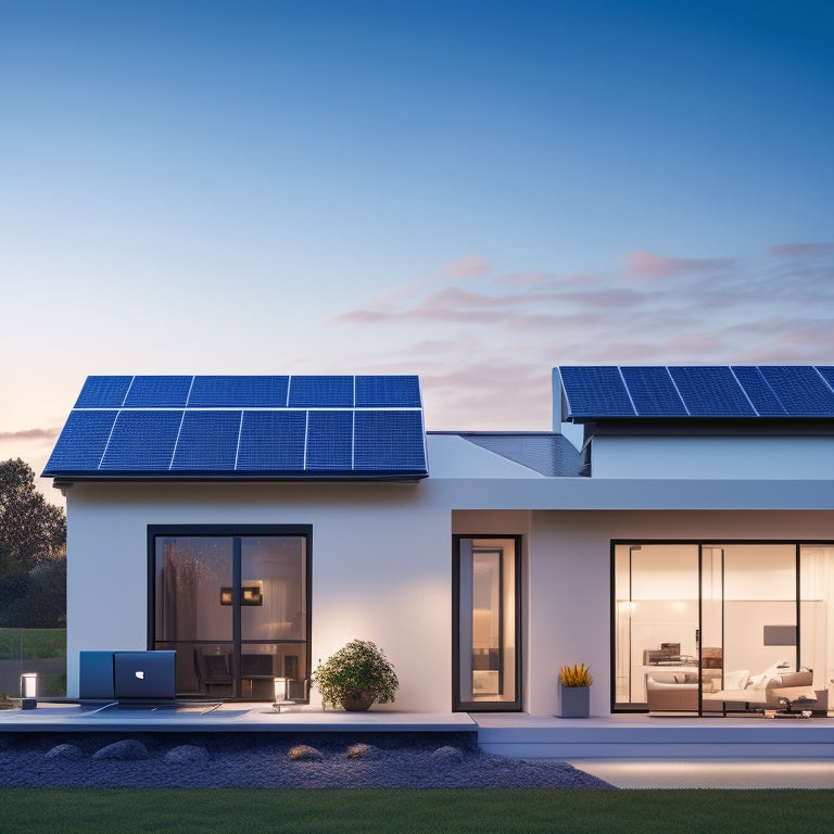 An illustration of a modern, sleek, and minimalist home with a rooftop solar panel system, surrounded by a subtle glow, with a laptop or tablet in the foreground displaying a dashboard showing real-time energy production and usage graphs.