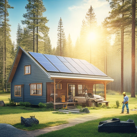 An illustration of a serene off-grid cabin surrounded by trees, with a worker in a hard hat installing solar panels on the roof, amidst tools and wiring, on a sunny day with fluffy white clouds.