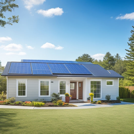 A serene suburban home with a sleek, modern solar panel array on its roof, a compact battery system installed beside a tidy garden, and a bright blue sky with a few wispy clouds.