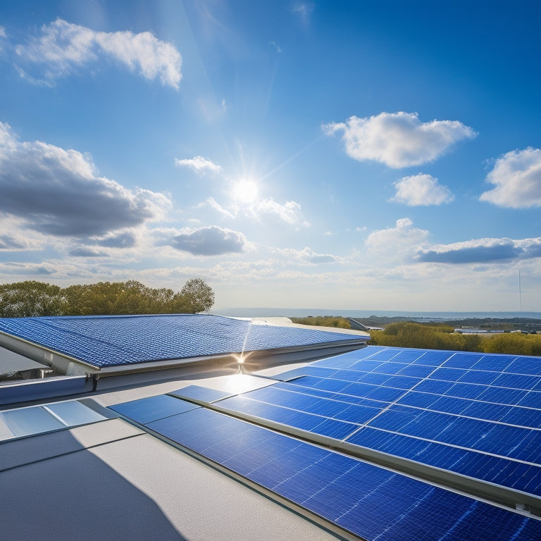 A rooftop with a mix of sleek, black, and silver solar panels installed at an angle, amidst chimney vents and skylights, with a clear blue sky and fluffy white clouds in the background.