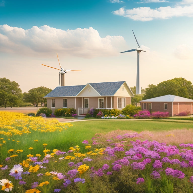 An illustration of a sunny Texas landscape with a suburban home in the center, solar panels installed on its roof, and a wind turbine in the background, surrounded by blooming wildflowers.