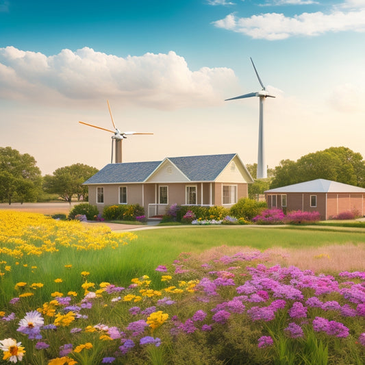 An illustration of a sunny Texas landscape with a suburban home in the center, solar panels installed on its roof, and a wind turbine in the background, surrounded by blooming wildflowers.