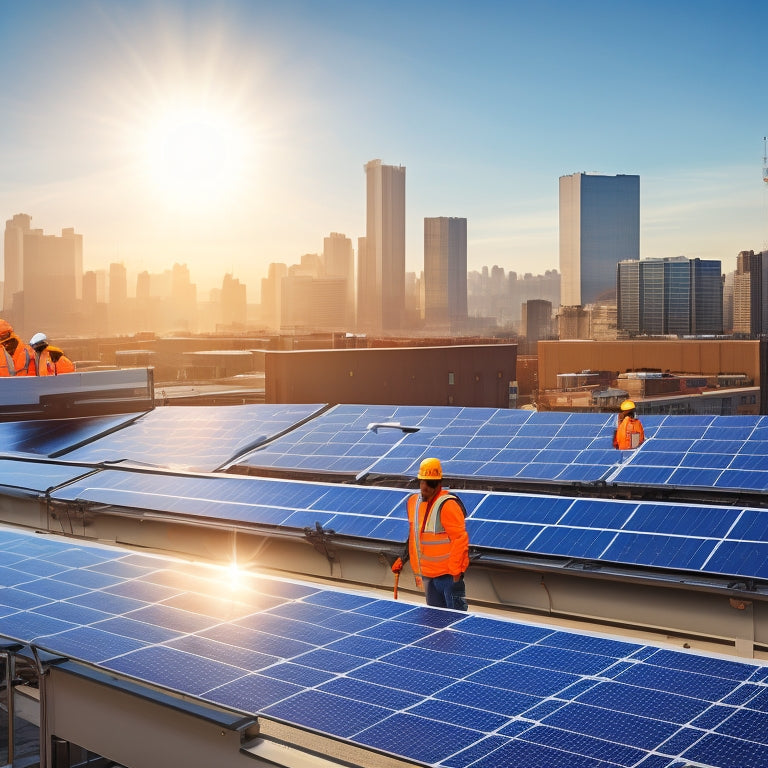 A sunny, blue-skied background with a prominent solar panel installation on a modern rooftop, surrounded by bustling cityscape, with a few workers in orange vests and hard hats in the distance.