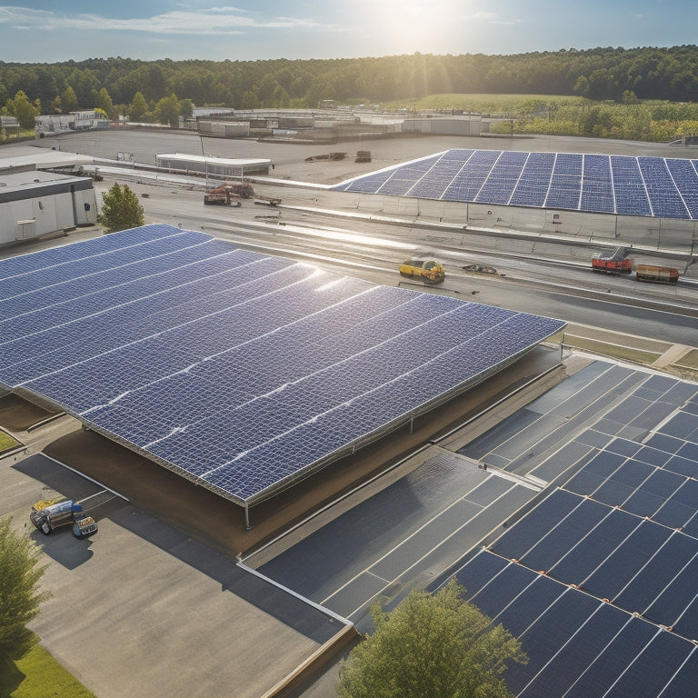 A serene aerial view of a commercial building with a partially installed solar panel array on its rooftop, surrounded by roofing materials, tools, and workers in high-visibility vests.