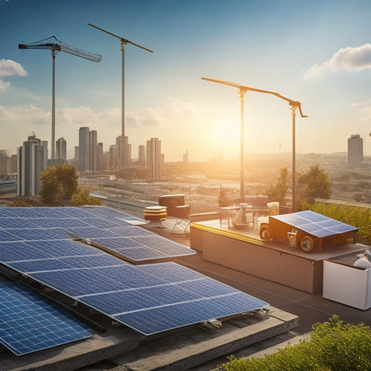 An illustration of a residential rooftop with solar panels, surrounded by icons of dollar signs, construction hats, and tools, with a subtle cityscape background and a subtle upward-trending graph in the corner.