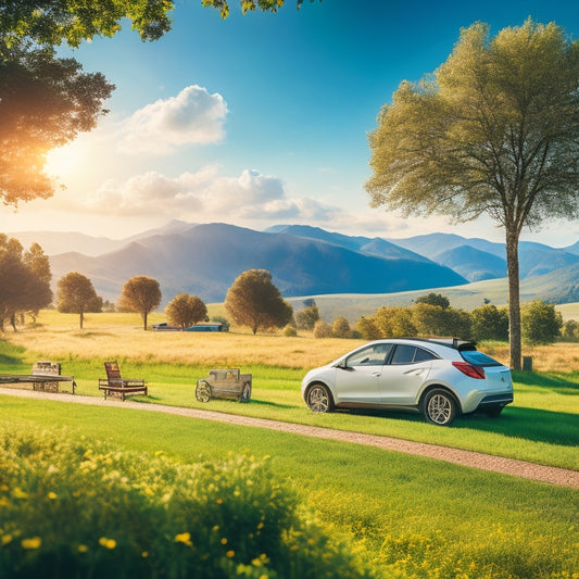 A serene landscape with a parked electric vehicle under a sunny sky, connected to a portable solar panel on a grassy hill, surrounded by lush greenery and a few fluffy white clouds.