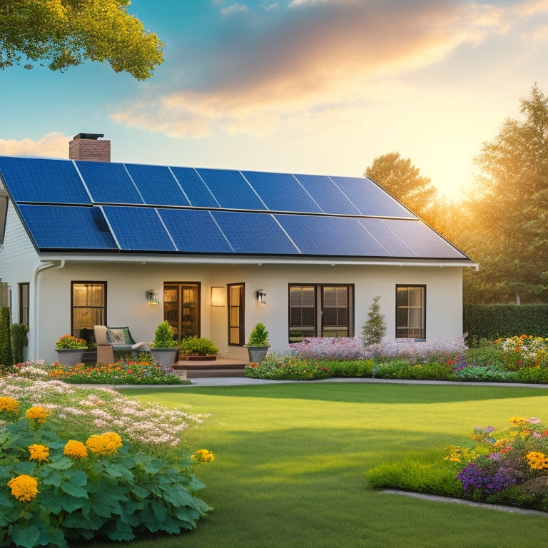 A serene suburban home with solar panels on its roof, surrounded by blooming flowers and lush greenery, with a subtle sun shining down and a slight glow around the panels.