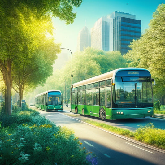 An illustration of a bustling cityscape with a fleet of eco-friendly buses, trams, and trains in shades of green, surrounded by lush trees and blooming flowers, under a bright blue sky.