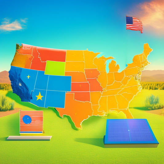 A stylized illustration of the United States, divided into states, with each state featuring a unique icon representing a solar incentive, such as a miniature solar panel or a dollar sign, in a bright and optimistic color palette.