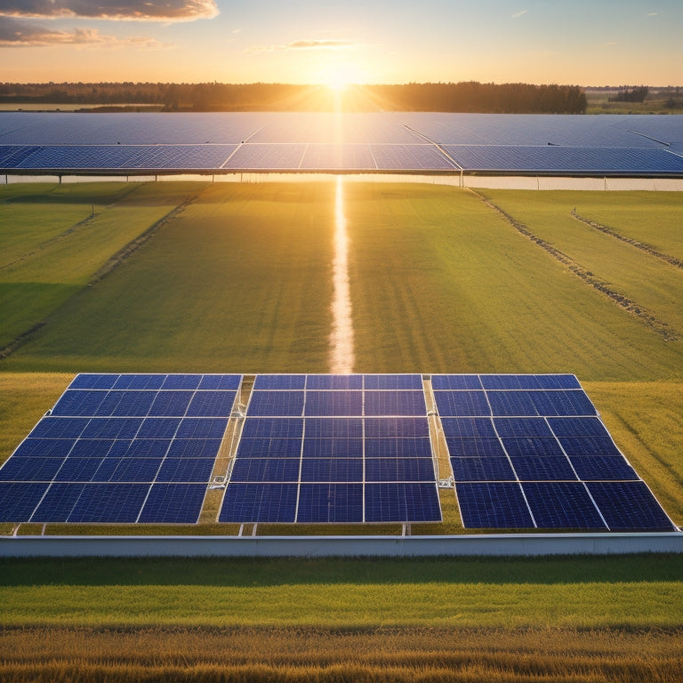 A serene, sun-drenched landscape with sleek, black solar panels installed on rooftops and in a sprawling field, connected by a network of thin, silver wires and subtle, modern inverters.