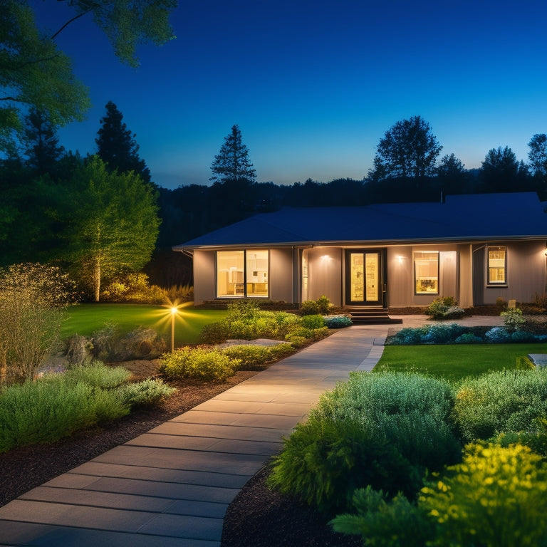 A serene nighttime scene of a modern home's exterior with multiple solar sensor lights softly illuminating the walkway, patio, and garden, amidst lush greenery and a starry night sky.