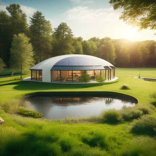 A serene, modern solar-powered home with curved lines, green roof, and large windows, surrounded by lush trees, a small pond, and a few solar panels in a sunny meadow.