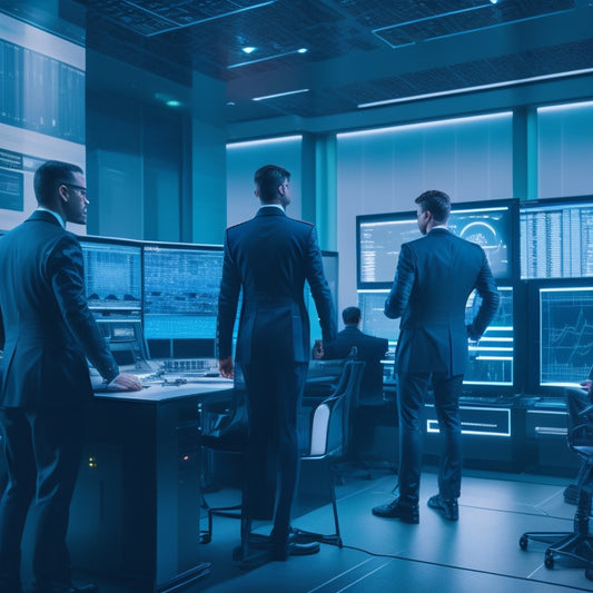 A futuristic, high-tech control room with sleek, silver panels and holographic screens displaying real-time data, surrounded by engineers in futuristic attire, amidst a subtle, neon-lit ambiance.