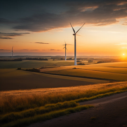 A rural landscape at dusk with a few wind turbines in the distance, spotlit by a warm golden light, surrounded by a cluster of sleek, modern battery banks with sleek metallic casings.