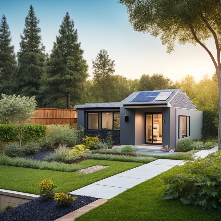 A serene backyard with a sleek, modern home, featuring a rooftop solar panel array and a compact, high-tech battery backup system installed adjacent to a tidy garden and a few trees.