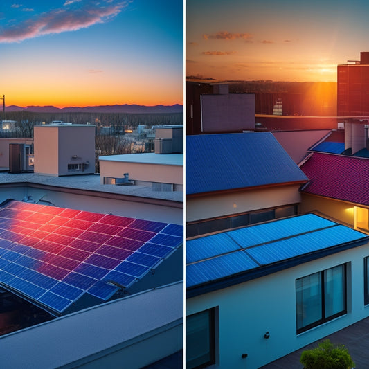 A split-screen image featuring a rooftop with solar panels on one side and a conventional electricity meter on the other, with contrasting bright and dim lighting, and varying meter speeds.