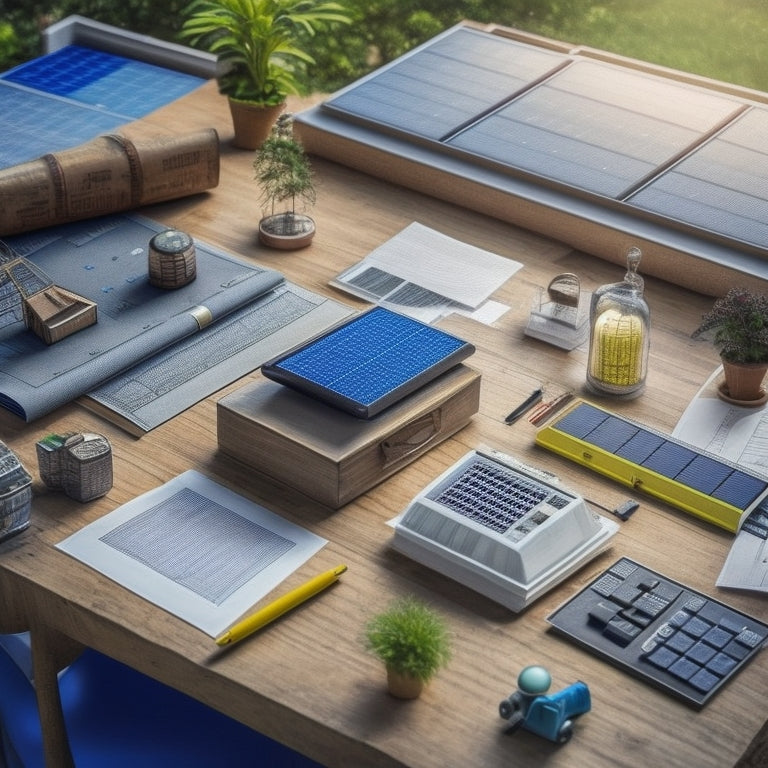 An illustration of a architect's desk with a blueprint of a solar panel installation, surrounded by calculators, pencils, and a miniature model of a house with solar panels on its roof.