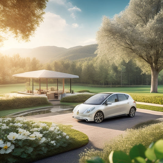 A serene eco-friendly background with a sleek, silver electric car in the center, surrounded by greenery and accessorized with a solar-powered roof rack and eco-friendly floor mats.