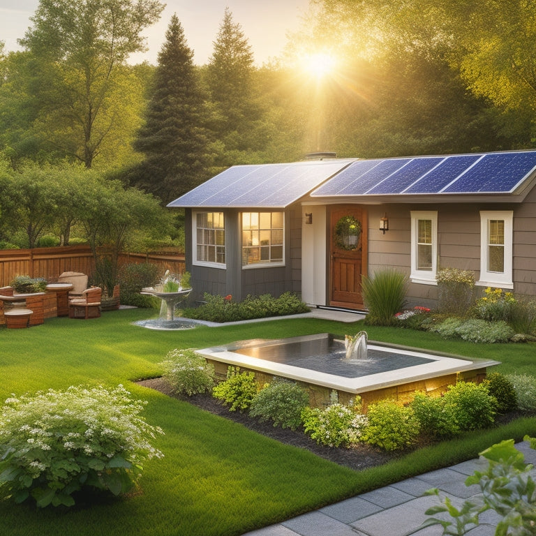 A serene backyard scene with a compact solar panel array (4-6 panels) installed on a small roof or shed, surrounded by lush greenery and a few solar-powered gadgets, such as a water feature or outdoor lights.