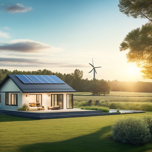 A serene, sun-kissed landscape with a modern home in the foreground, featuring a sleek solar panel array on the roof and a wind turbine in the distance, surrounded by lush greenery.