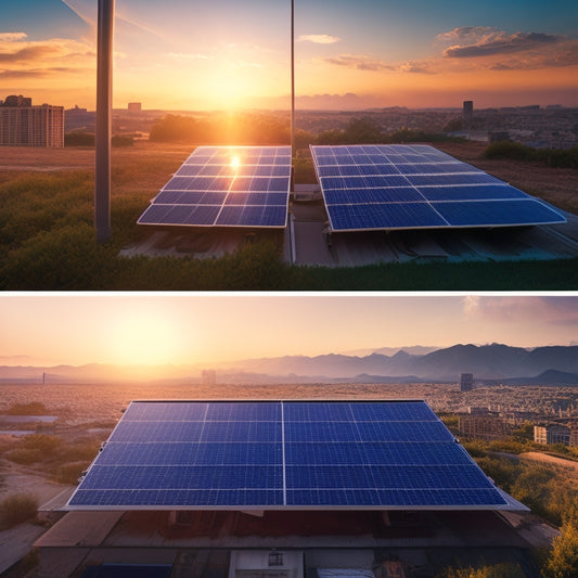 A split-screen image featuring a sunny landscape with a single solar panel in the foreground, juxtaposed with a cityscape at dusk with a grid of solar panels on rooftops.