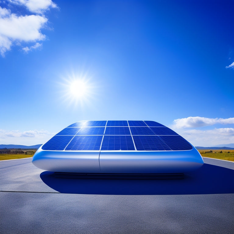 An illustration of a sleek, silver solar car with a futuristic design, parked in front of a bright blue background with fluffy white clouds, surrounded by solar panels and circuit boards.