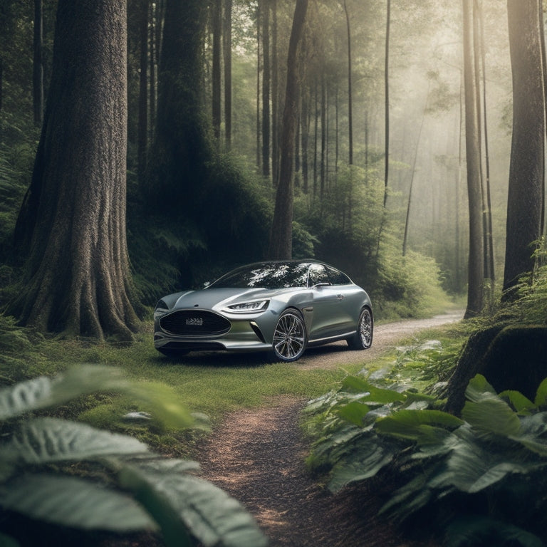 A serene background featuring a sleek, silver eco-friendly car parked in a lush green forest, surrounded by leaves and vines, with a few carefully placed, modern car accessories.