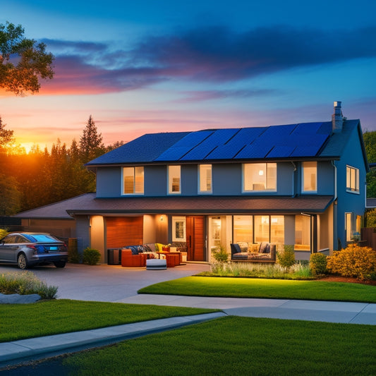 A modern home with a seamless power transition: a darkened neighborhood background, a single lit house with solar panels on the roof, a battery backup system in the garage, and a family enjoying uninterrupted TV time.