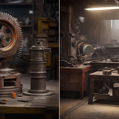 A split-screen image featuring a worn-out, rusty gear on a cluttered, dimly lit workshop bench versus a shiny, high-tech gear surrounded by sleek machinery and a bright, airy background.