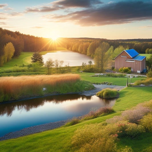 A serene, eco-friendly residential landscape with a modern, solar-paneled roof, a wind turbine in the distance, and a small, gleaming hydroelectric dam in the nearby stream.