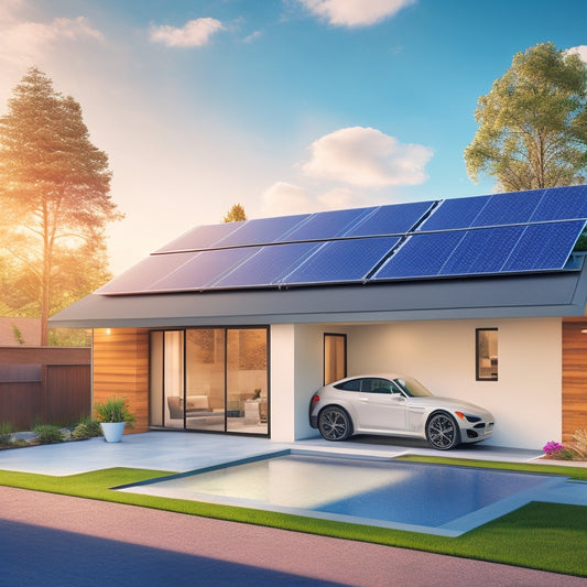 An illustration of a modern home with a rooftop solar panel array, a sleek battery backup system in the garage, and a bright, sunny background with a subtle grid pattern.