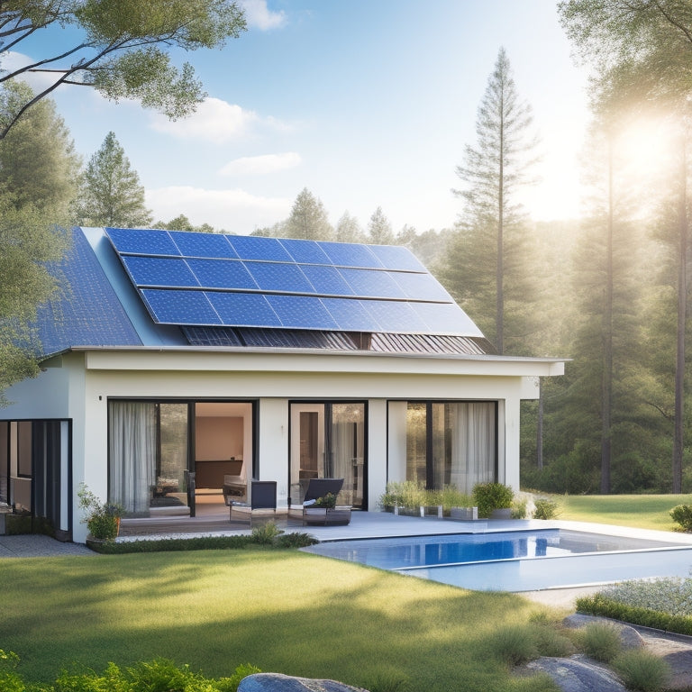 A serene, modern home with sleek solar panels on the roof, surrounded by lush greenery and a clear blue sky, featuring a subtle, stylish battery backup system in the background.