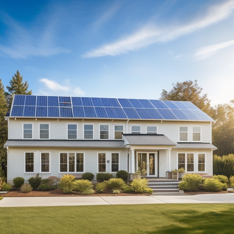 A serene suburban home with five distinct solar panel arrays on its roof, each with unique design, size, and installation style, set against a clear blue sky with a few wispy clouds.