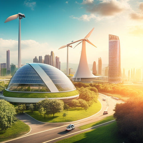 An illustration of a futuristic cityscape with sleek, curved wind turbines and solar panels integrated into buildings, surrounded by lush greenery and a bright, sunny sky.