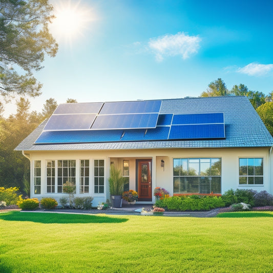 A serene suburban home with solar panels on the roof, surrounded by lush greenery and a bright blue sky with a few puffy white clouds, conveying a sense of eco-friendliness and energy efficiency.