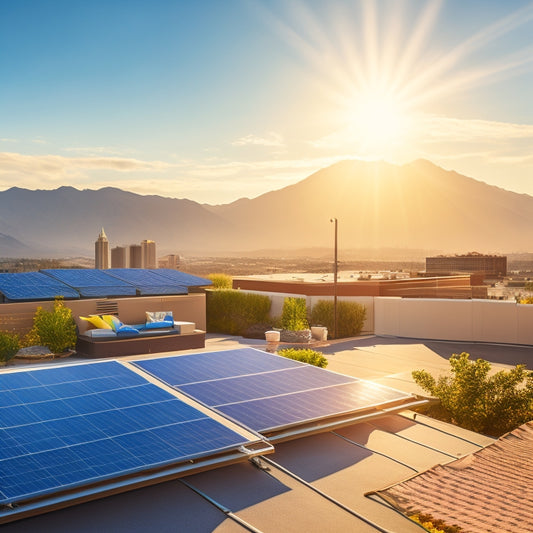 A sunny California rooftop with a partially installed solar panel array, tools and equipment scattered around, a ladder leaning against the roof, and a cityscape or mountain range in the background.