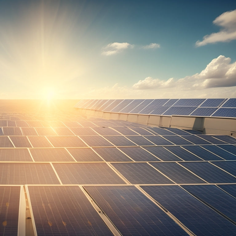 A stylized illustration of a rooftop with solar panels, surrounded by dollar signs and percentage symbols, with a subtle background of a sunny sky and a faint grid pattern.