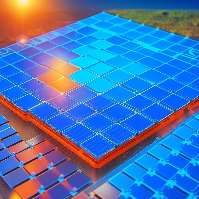 A futuristic illustration of a solar panel array surrounded by 10 distinct, interconnected puzzle pieces, each representing a different expense, with a subtle gradient of bright blue to deep orange hues.